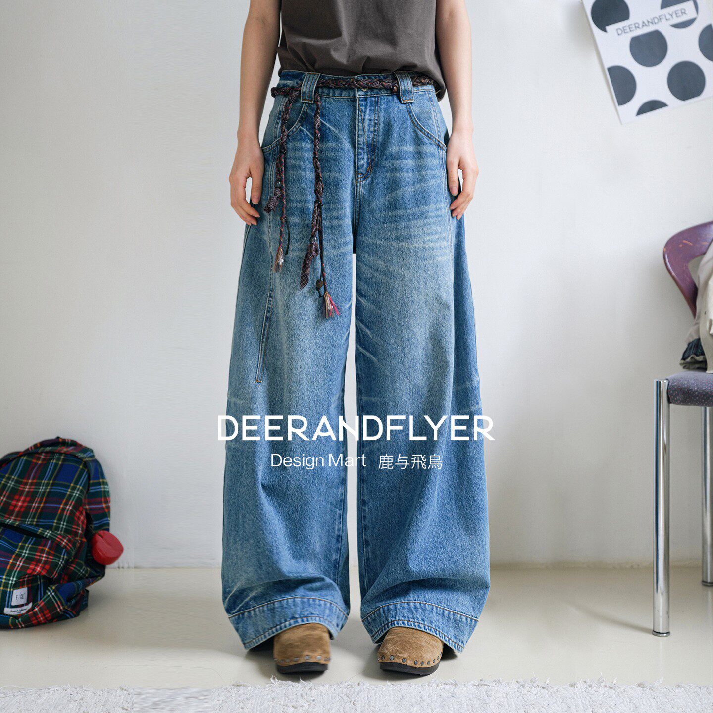 鹿与飞鸟「梨形修腿裤」多季穿手工纹理水洗微弯刀休闲牛仔裤7284