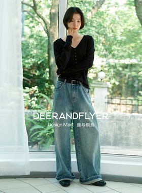 鹿与飞鸟“光影缝隙”棉混纺做旧水洗蓝松弛显瘦阔腿牛仔裤6930