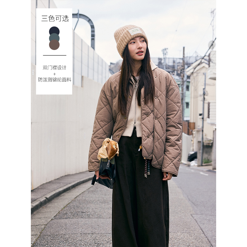 三色双门襟设计感菱格棉服外套