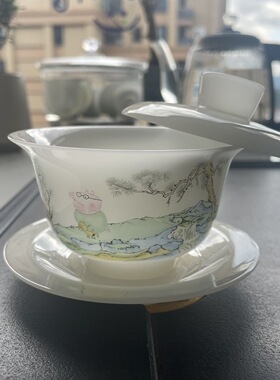 悬停高档三才羊脂玉盖碗家用德化白瓷茶碗功夫陶瓷茶具茶杯泡茶