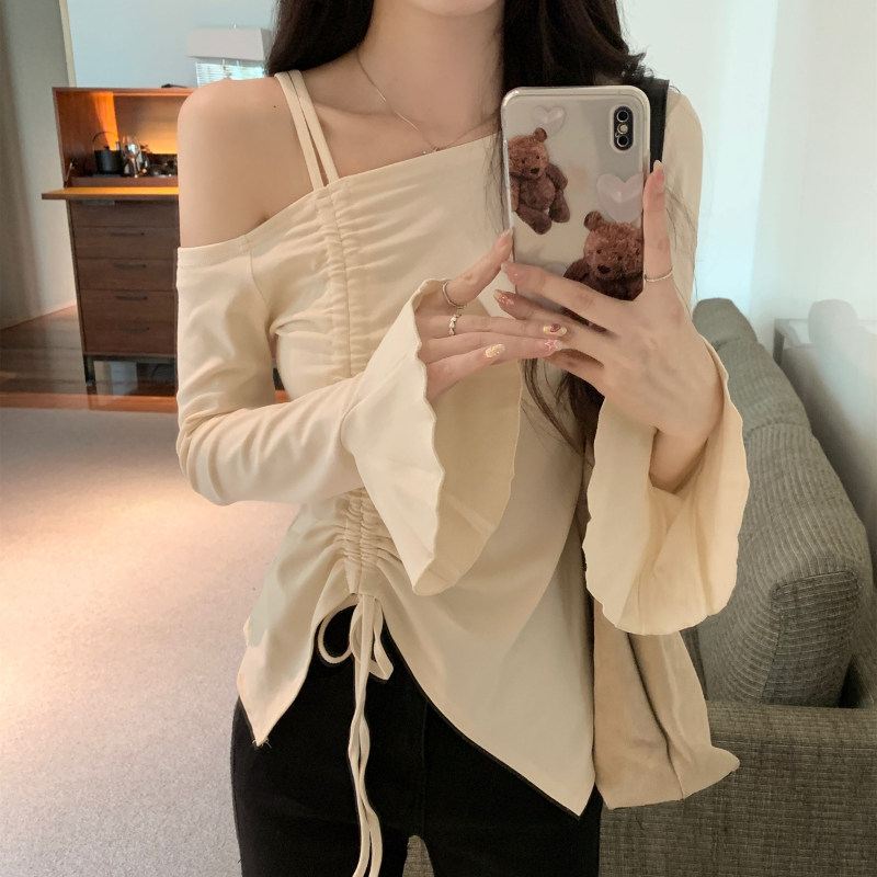 实拍 春季新款洋气抽绳斜领纯棉喇叭袖长袖T恤女上衣外穿甜辣