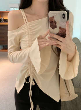 实拍 春季新款洋气抽绳斜领纯棉喇叭袖长袖T恤女上衣外穿甜辣
