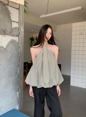 条纹挂脖领带云朵吊带