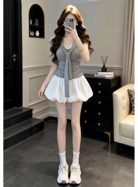 韩系巨好看穿搭一整套2026新款灰色短袖上衣女夏季花苞半身裙套装