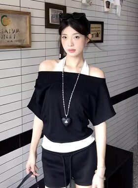 大码设计感一字肩挂脖假两件短袖t恤女夏季新款胖mm辣妹露肩上衣