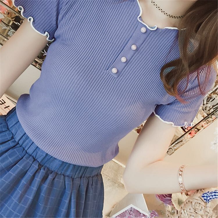 夏2018新款韩版圆领木耳边短袖针织衫T恤女修身薄款纯色打底上衣|ruв категории Женская одежда, футболка - от Buy2taobao.com для оказания профессиональной услуги покупки агента Taobao