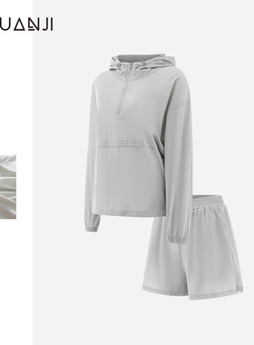 连帽防晒衣女防晒衫夏季运动短裤两件套轻薄透气艾草防蚊衣DJE192