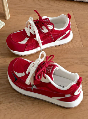 小众红色阿甘鞋子女2025新款爆款秋季女鞋厚底韩系百搭休闲运动鞋