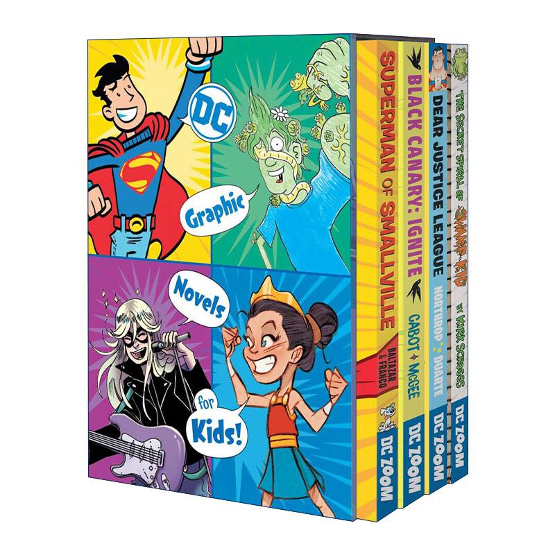 英文原版 DC Graphic Novels for Kids Box Set 儿童DC漫画4册盒装套装 亲爱的正义联盟 超人前传 黑金丝雀 沼泽的秘密旋涡 英文版