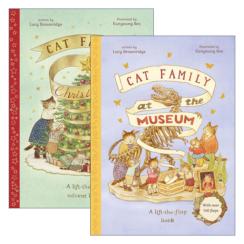 英文原版 Cat Family 猫猫家族2册 翻翻书 儿童精装绘本 博物馆游记/圣诞节假期 英文版 进口英语原版书籍