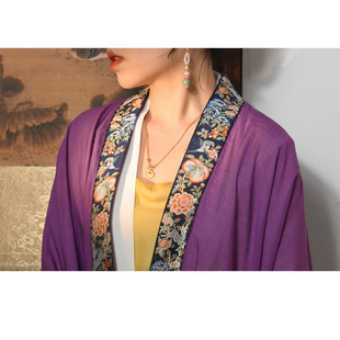 春夏 半袖 马师傅传统汉服明制对交穿紫色天丝交领短衫 仙鹿桃桃