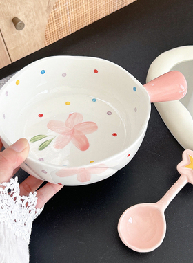 釉下彩少女心粉色圆点小花手柄碗泡面碗配勺子高颜值宿舍女生面碗
