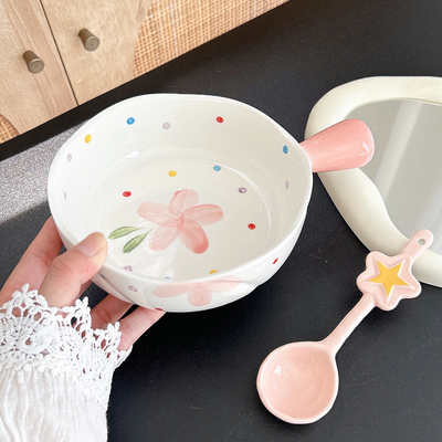 釉下彩少女心粉色圆点小花手柄碗泡面碗配勺子高颜值宿舍女生面碗