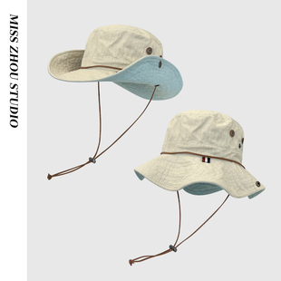 日系拼色牛仔渔夫帽子女夏季 复古百搭出游登山钓鱼防晒百搭盆帽潮