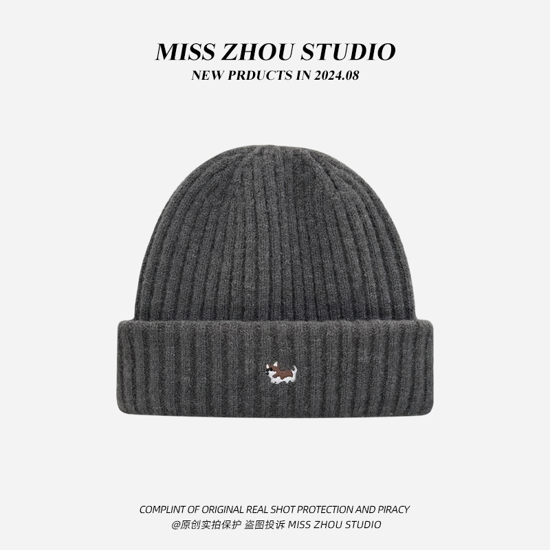 2025冬季男女同款帽子可爱小狗刺绣针织毛线帽保暖护耳包头冷帽潮