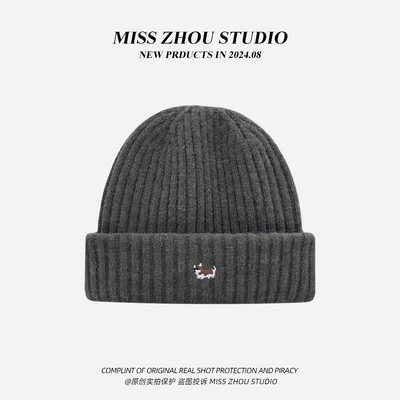 2025冬季男女同款帽子可爱小狗刺绣针织毛线帽保暖护耳包头冷帽潮