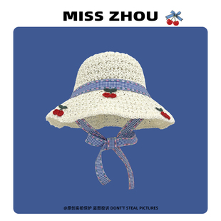 出游度假沙滩遮阳大檐遮紫外线防晒帽 日系甜美樱桃编织草帽女夏季