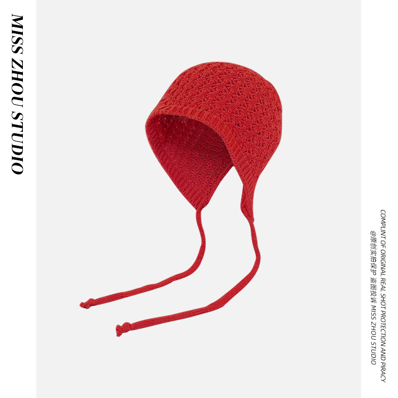 日系时尚长辫子针织帽子女秋季百搭护耳包头帽绑带毛线帽新年红色