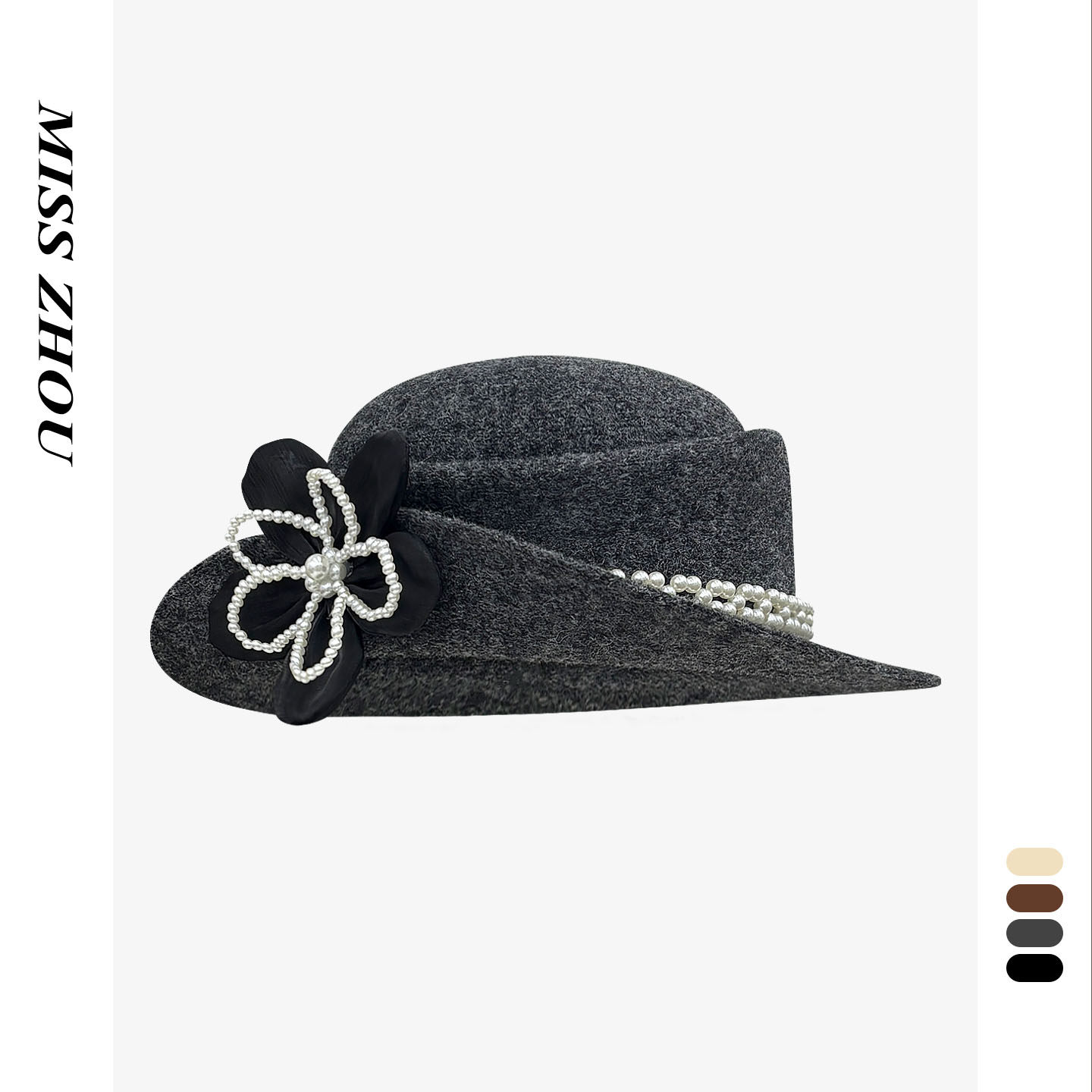 英伦留洋千金灰色羊毛珍珠卷边礼帽韩版日系气质百搭显脸小盆帽女