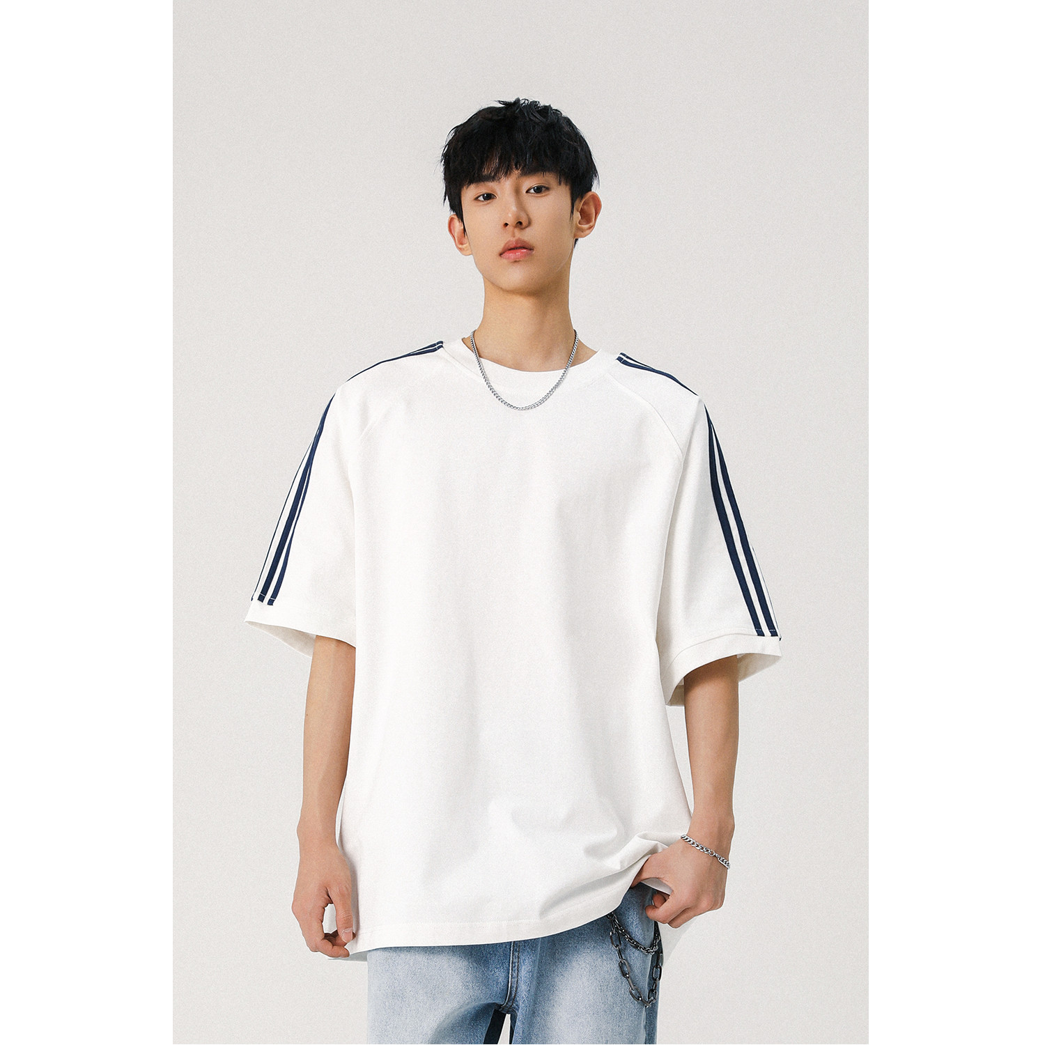 美式运动风撞色条纹短袖T恤男夏季宽松纯棉情侣装上衣宽松型圆领