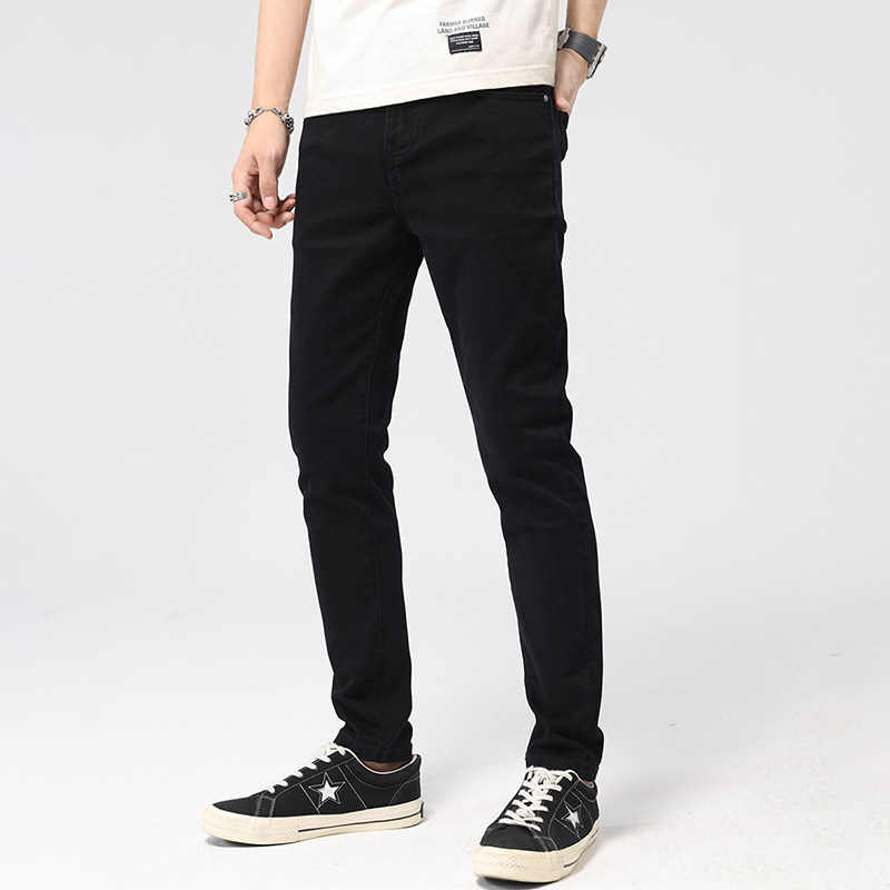 新款纯黑色牛仔裤男修身小脚显瘦男士九分裤薄款休闲裤子高端春季