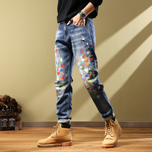 高街风泼漆印花弹力破洞牛仔裤男修身小直通长裤潮牌美式复古潮牌