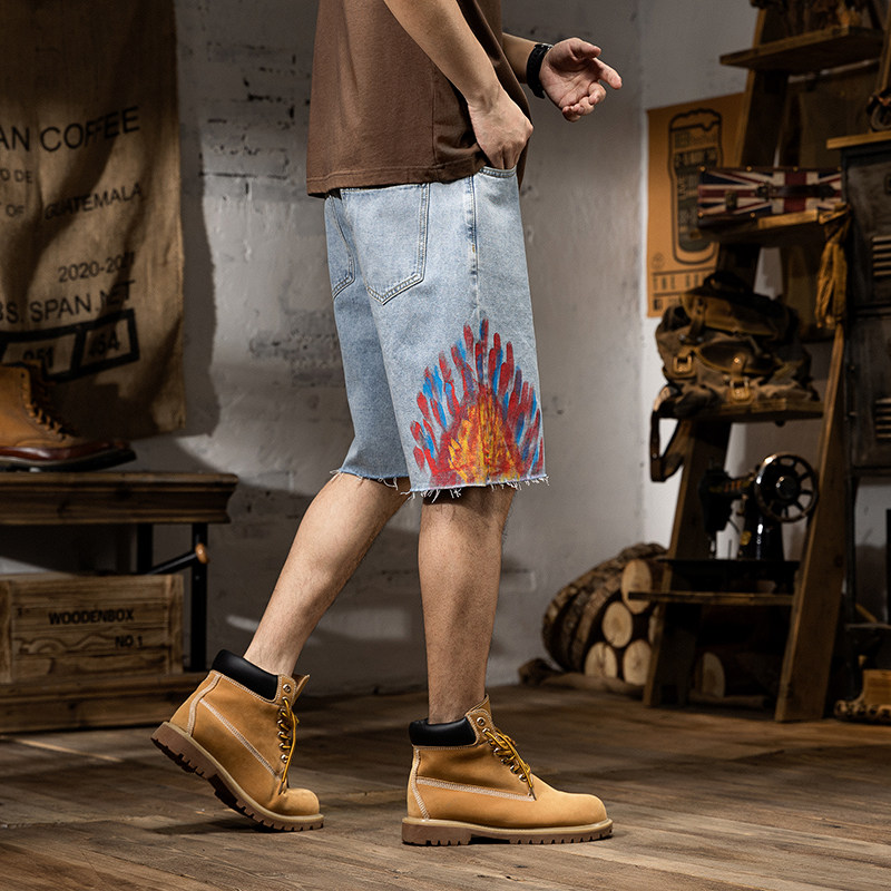 2025新款男士涂鸦牛仔短裤潮流百搭宽松毛边五分夏季浅蓝色中裤