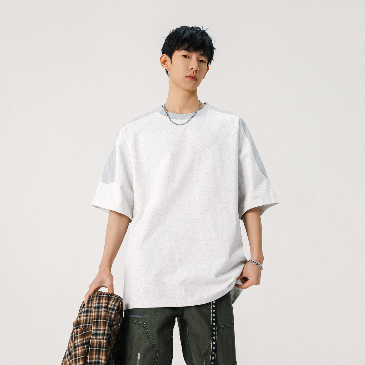 美式风撞色拼接短袖T恤男夏季宽松落肩重磅纯棉休闲百搭男士上衣