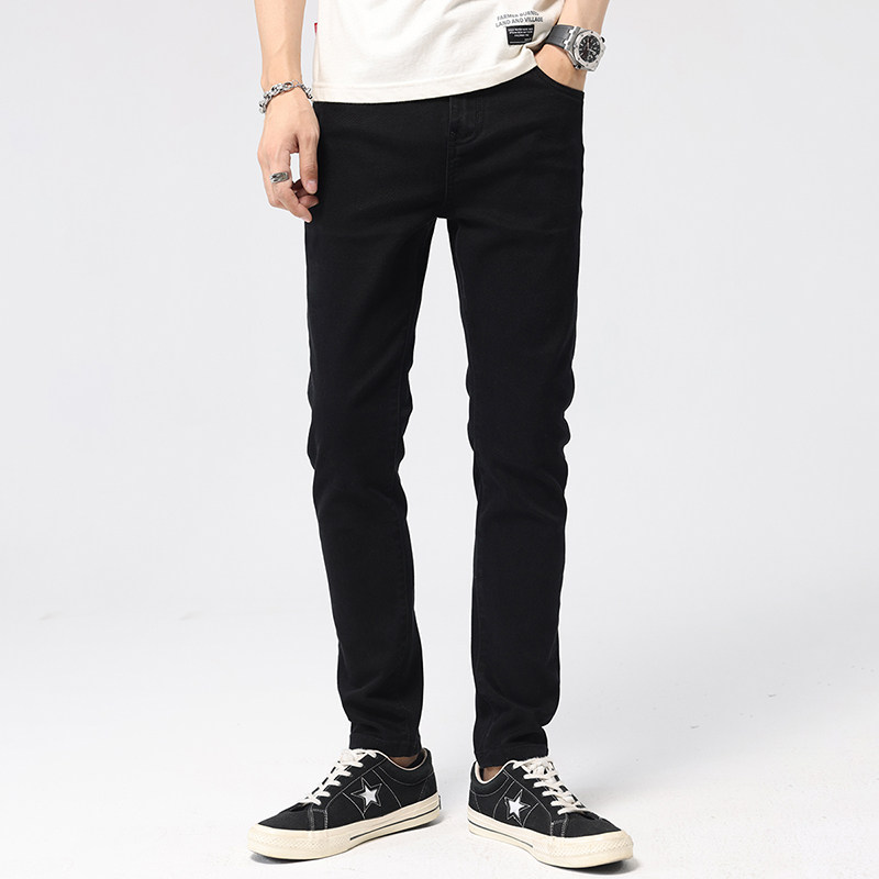 高端潮牌纯黑色牛仔裤男修身小直筒韩版潮流百搭春季新款弹力长裤