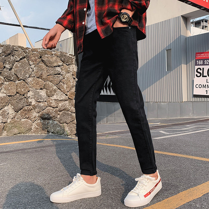 新款黑色九分牛仔裤男潮牌修身小脚韩版弹力春秋休闲潮流百搭长裤