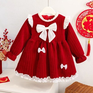 女童公主风连衣裙爆款加绒洋气小女孩红色过年衣服儿童周岁礼服潮