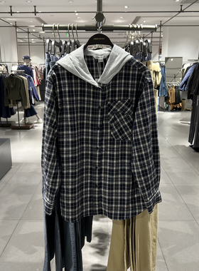 UR国内代购2026春季女装潮流拼接连帽刺绣格纹开襟衬衫UYV260005