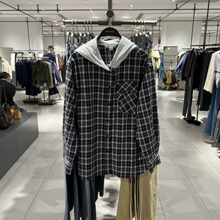 UR国内代购2026春季女装潮流拼接连帽刺绣格纹开襟衬衫UYV260005