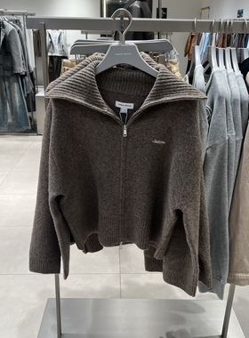 UR国内代购2025冬季女装翻领双拉链字母刺绣针织开衫UYV950112