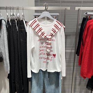 UR国内代购2026春季女装潮流撞色条纹披肩式字母印花T恤UYV460033