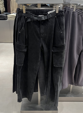 UR国内代购2025冬季男装休闲丹宁工装腰带抓绒牛仔长裤UUN850002