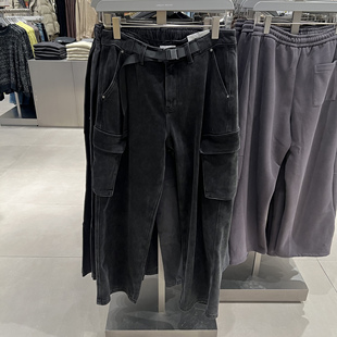 UR国内代购2025冬季男装休闲丹宁工装腰带抓绒牛仔长裤UUN850002