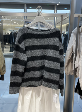 UR国内代购2025秋季女装休闲风撞色条纹一字领针织衫UWJ950112