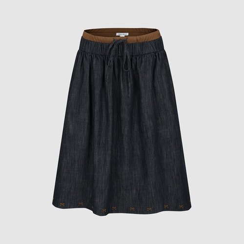 UR国内代购2025冬季女装都市撞色拼接系带刺绣牛仔半裙UYU860009