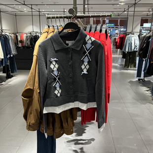 UR国内代购2026春季女都市假两件撞色菱格提花针织开衫UYU960029