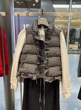 UR国内代购2025冬季女装都市立领系带格纹荷叶边棉服UYU160001