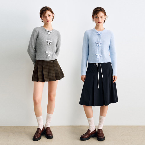 UR国内代购2026秋季女装休闲蝴蝶结格纹花边针织开衫UYY960110