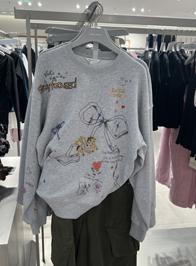 UR国内代购2025秋季女装时尚潮流童趣手绘宽松圆领卫衣UYV450240