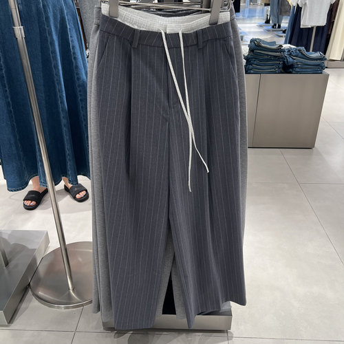 UR国内代购2025秋季女装休闲撞色拼接系带条纹阔腿裤UWU650019