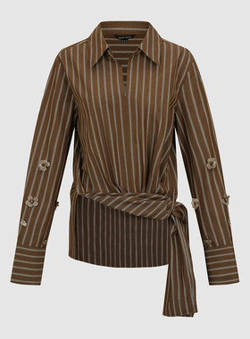 UR国内代购2026春季女休闲设计感条纹珠花棉质罩衫衬衫UWH260032