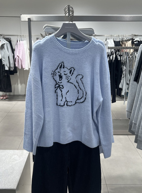 UR国内代购2025秋季女装休闲趣味猫咪图案宽松针织衫UYY950142