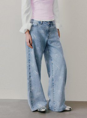 UR国内代购2026春季女装都市蝴蝶结棉质阔腿牛仔长裤UYU860034