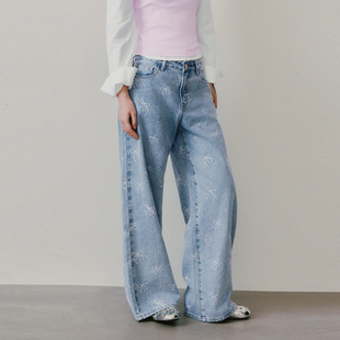 UR国内代购2026春季女装都市蝴蝶结棉质阔腿牛仔长裤UYU860034