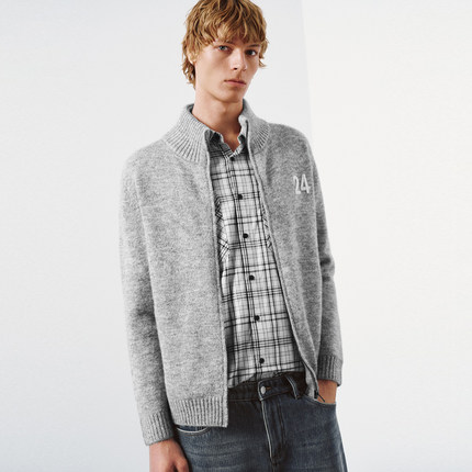 UR国内代购2025冬季男装休闲撞色刺绣立领短款针织开衫UUY950007