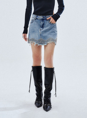 UR国内代购2026春季女装潮流水洗钻饰流苏毛边牛仔半裙UYV860031